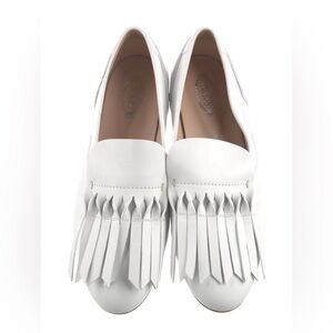 Tods White Fringe Loafers, Size 38